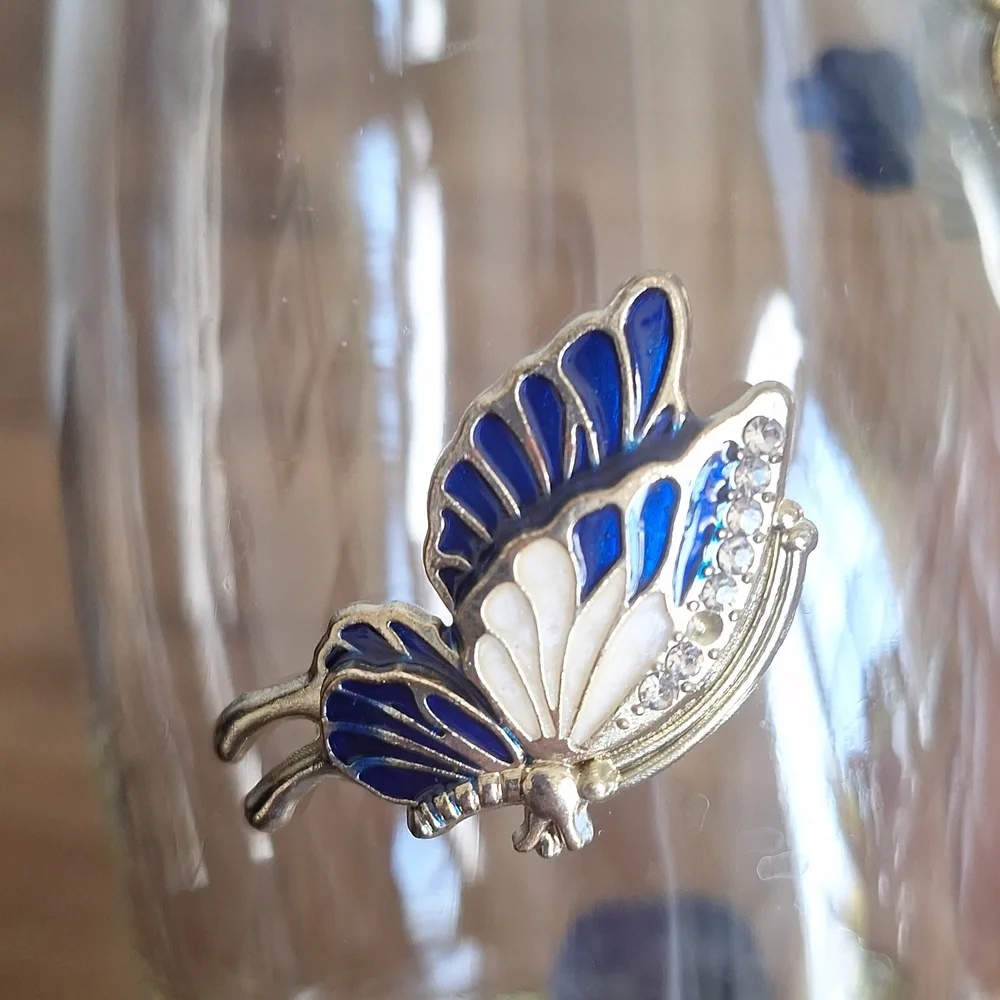 ​Enamel Blue Rose & Butterfly Glass Tea Mug | Vintage Style Floral Coffee Cup